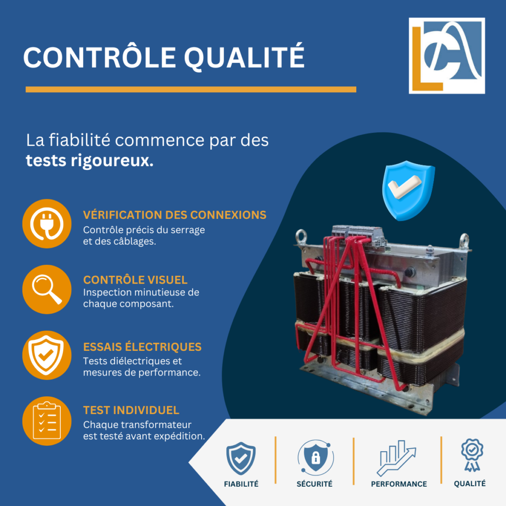 Contrôle qualité d’un transformateur électrique industriel : tests diélectriques, vérification des connexions et mesures électriques garantissant fiabilité, sécurité et conformité aux normes.