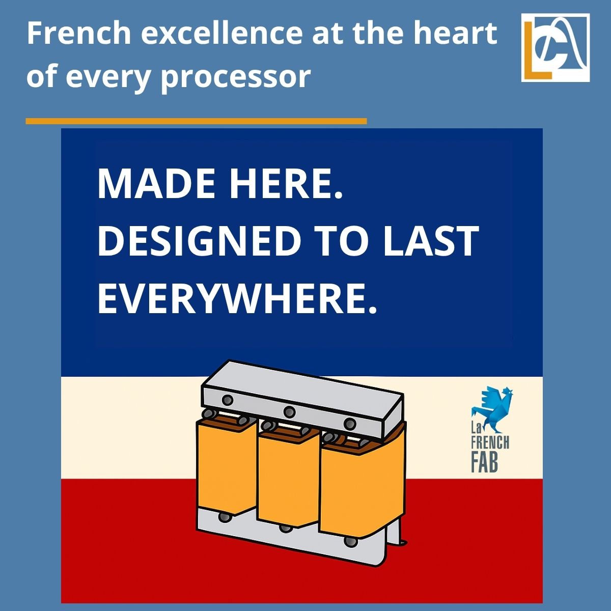 Illustration mettant en avant un transformateur fabriqué en France, symbole du savoir-faire français et de la qualité de fabrication.