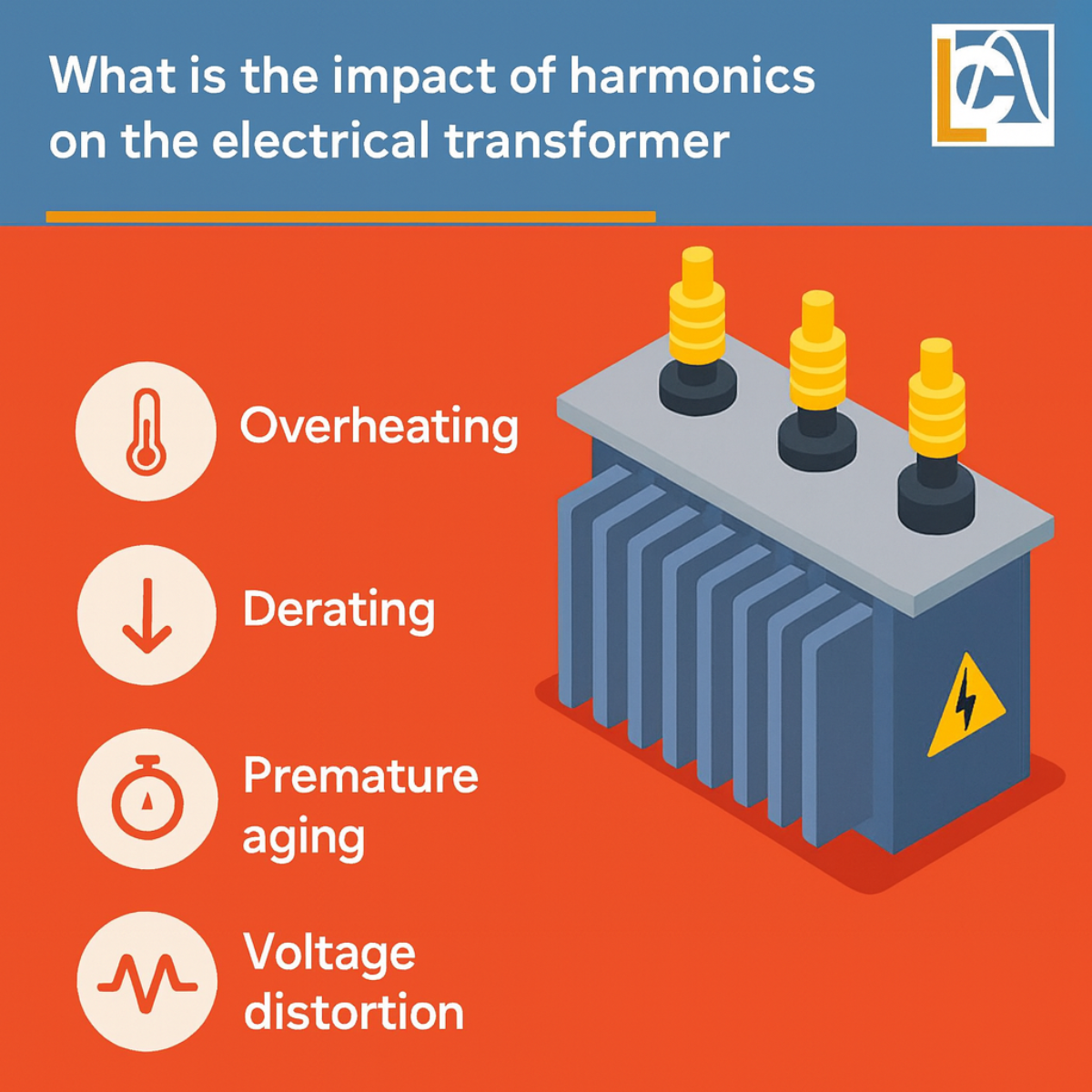 Infographic illustrating the effects of harmonics on an electrical transformer: overheating, derating, premature aging, and voltage distortion.