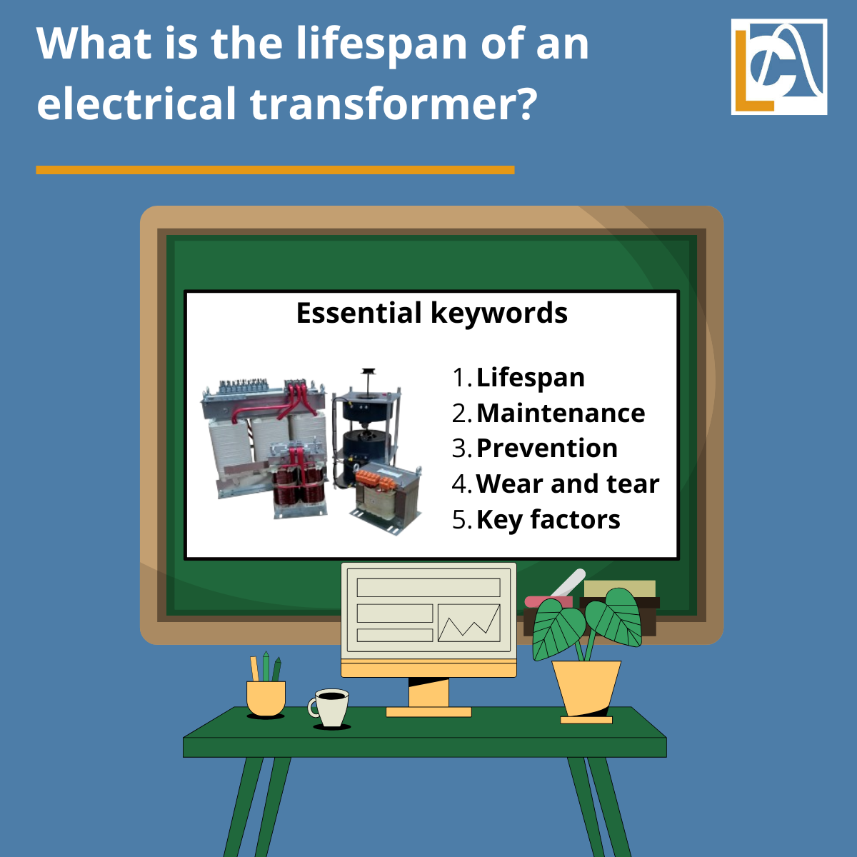 Infographic on the lifespan of an electrical transformer, covering maintenance, preventive care, wear and tear, and factors that influence its longevity.